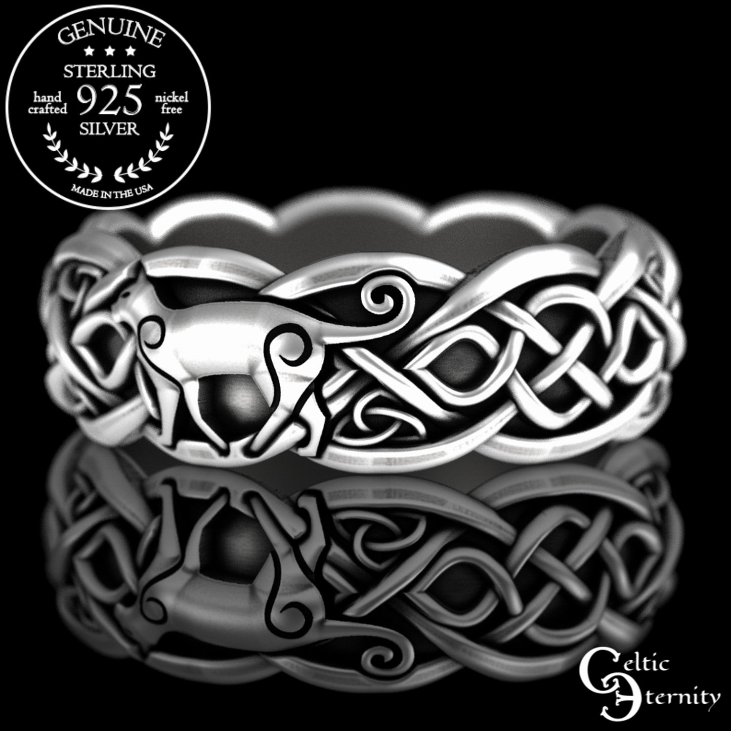 Sterling Silver Woman's Cats & Celtic Knotwork Wedding Band, 3096