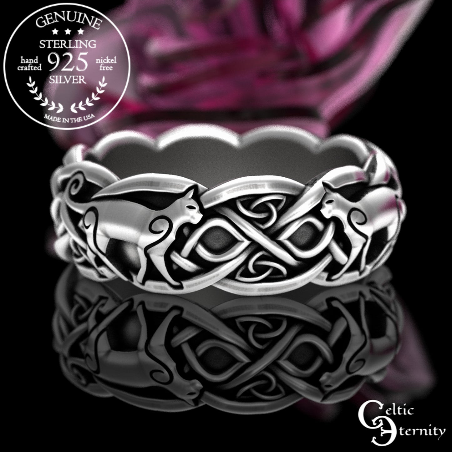 Sterling Silver Woman's Cats & Celtic Knotwork Wedding Band, 3096