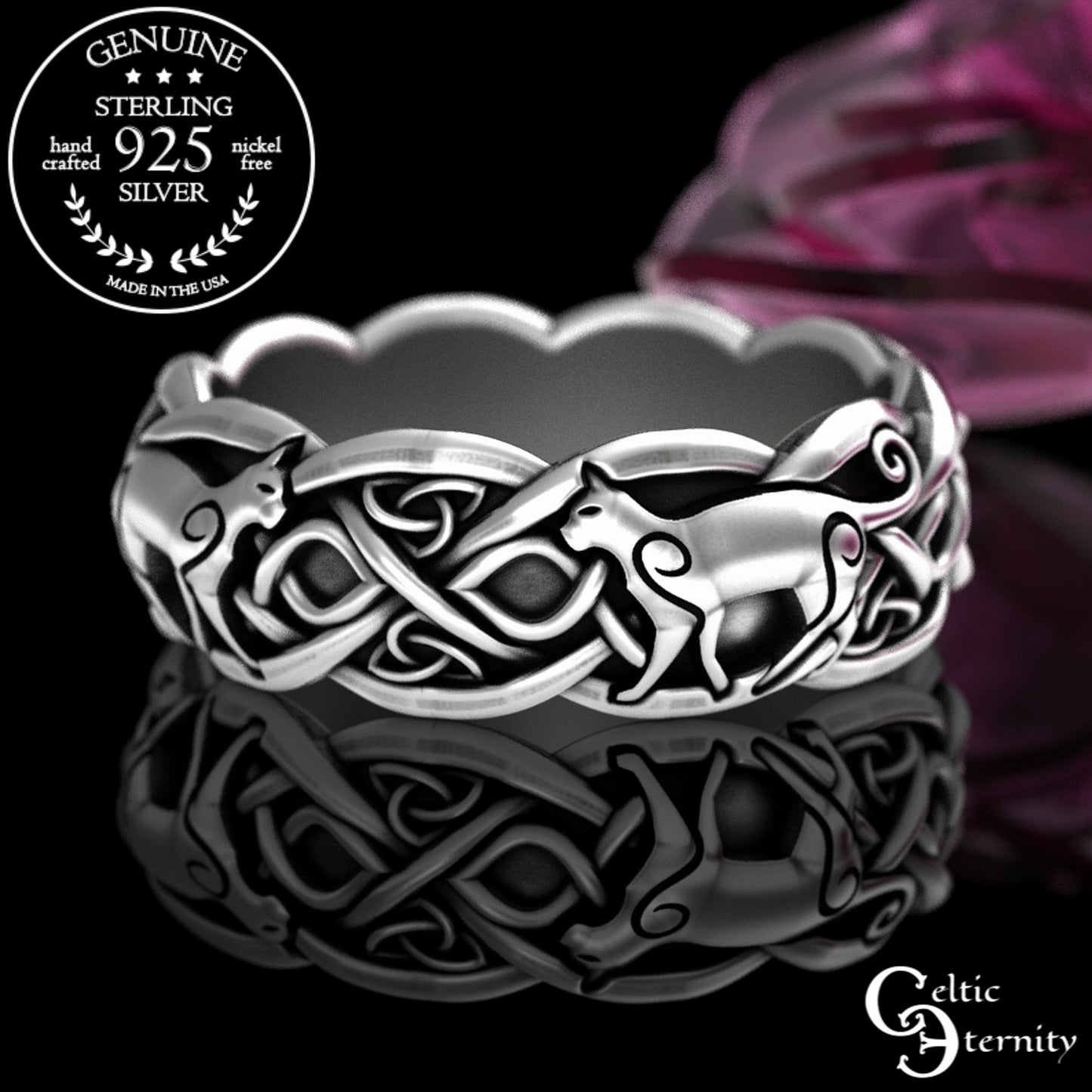 Sterling Silver Woman's Cats & Celtic Knotwork Wedding Band, 3096