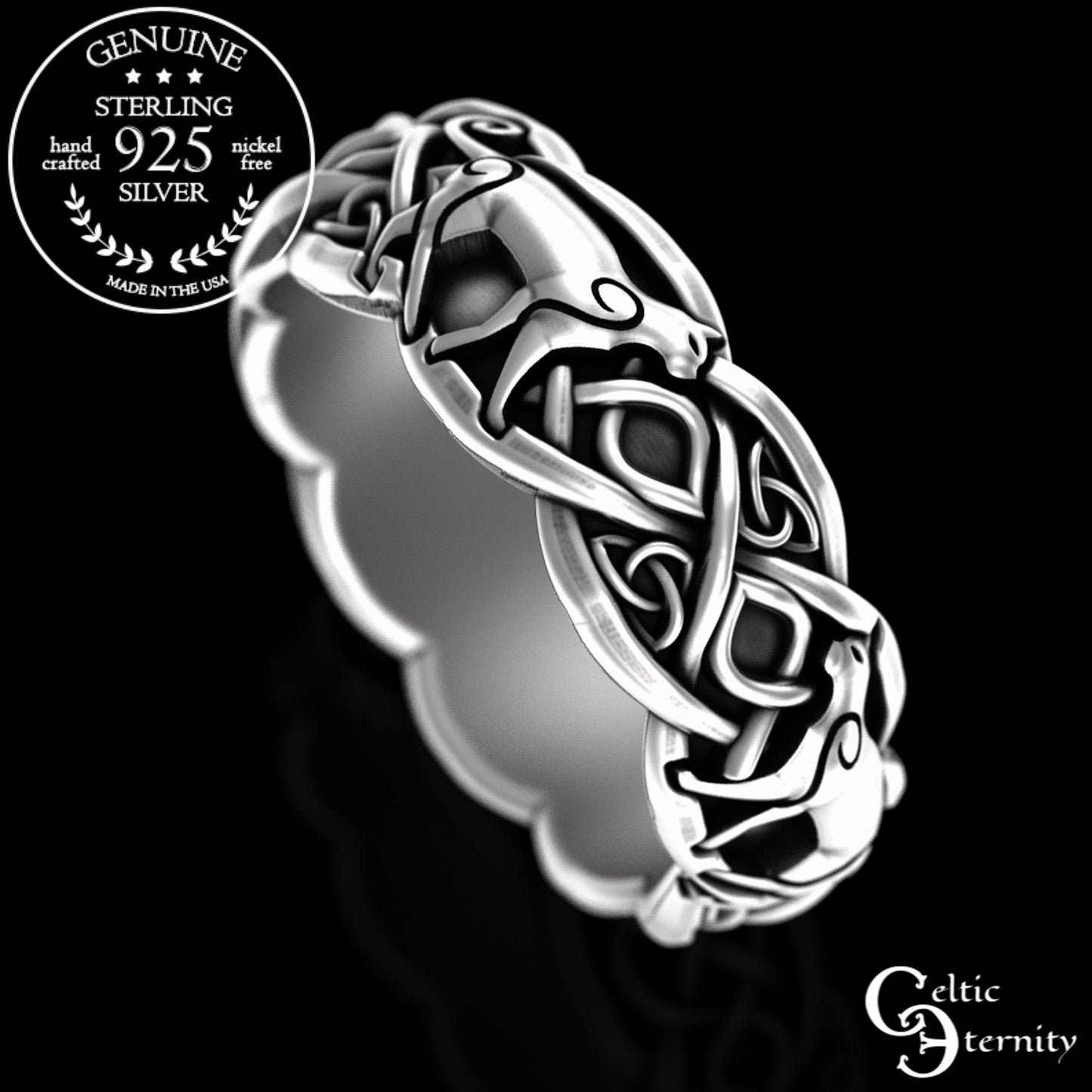Sterling Silver Woman's Cats & Celtic Knotwork Wedding Band, 3096