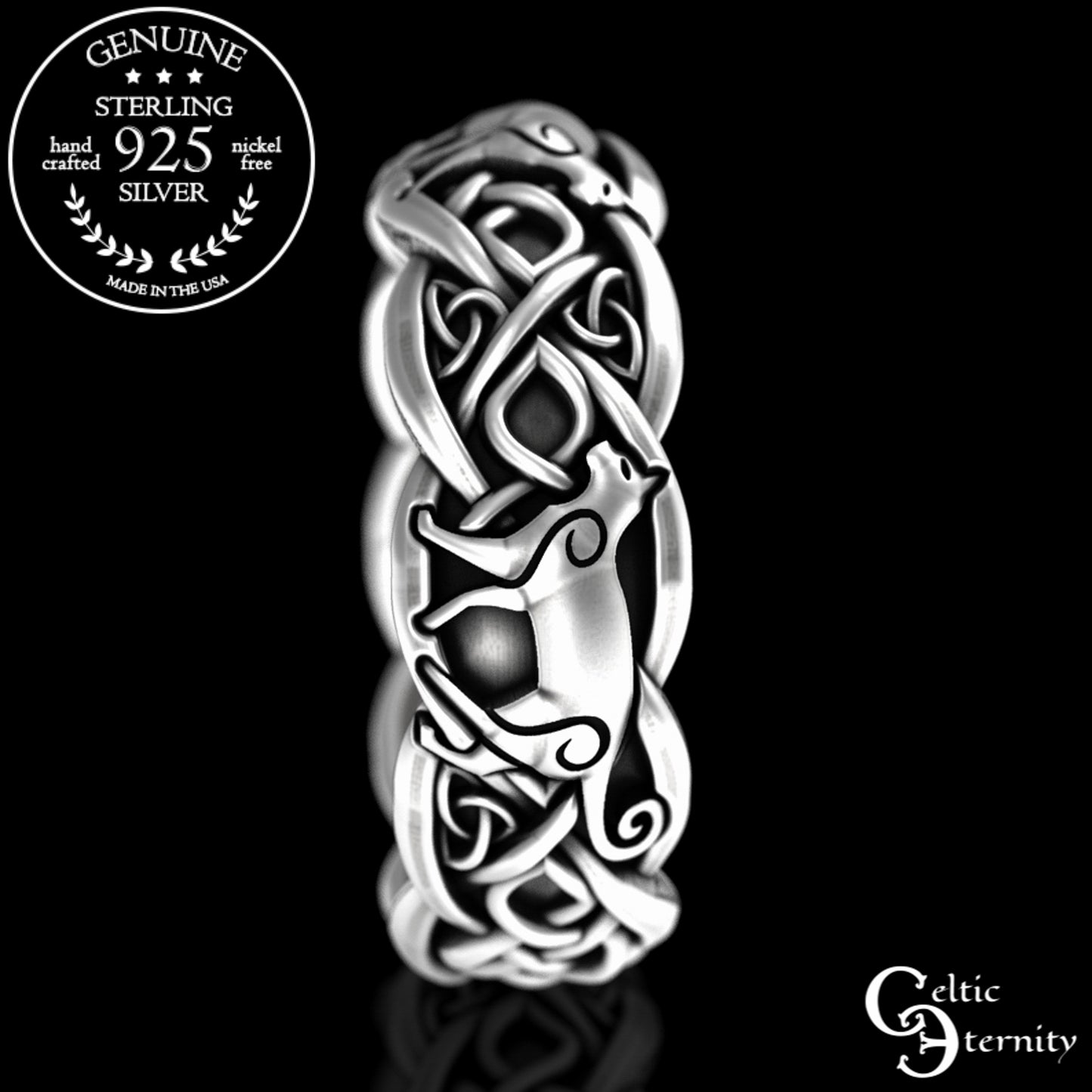 Sterling Silver Woman's Cats & Celtic Knotwork Wedding Band, 3096