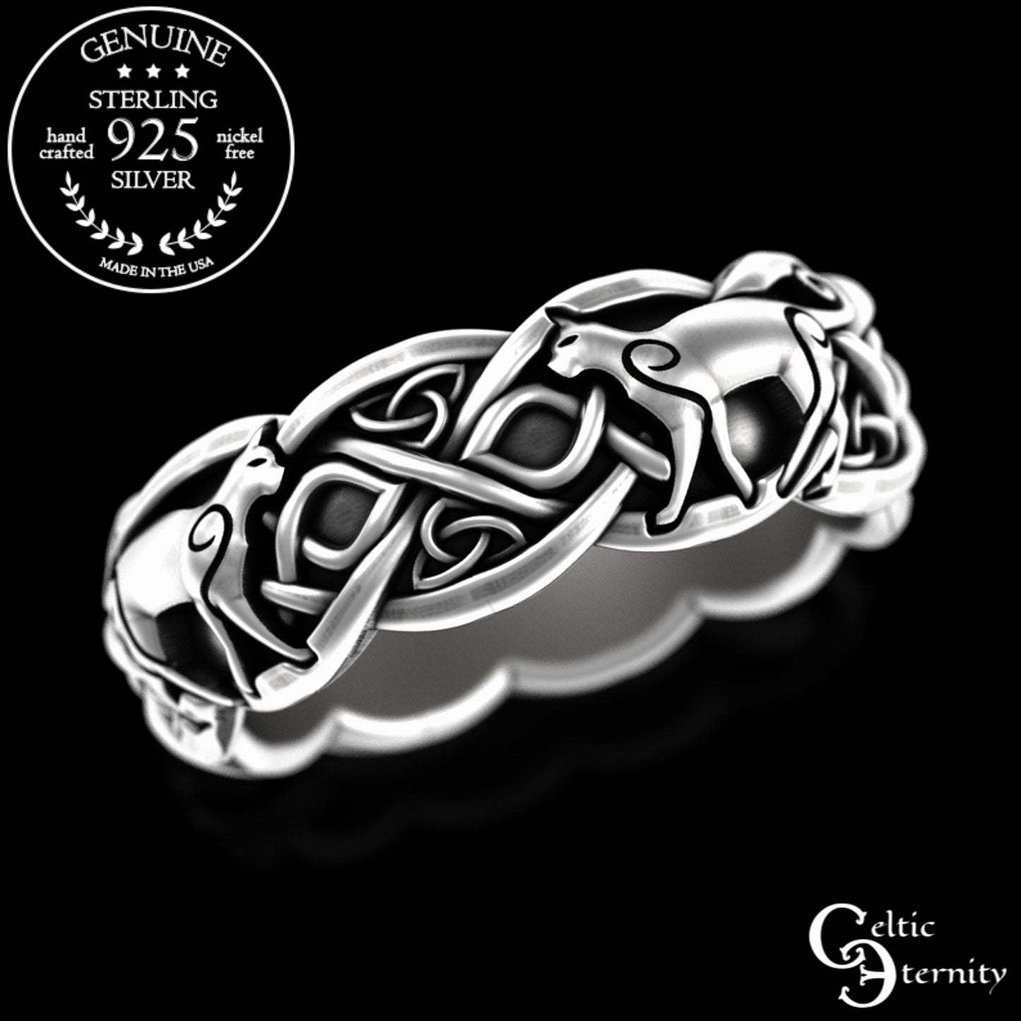Sterling Silver Woman's Cats & Celtic Knotwork Wedding Band, 3096