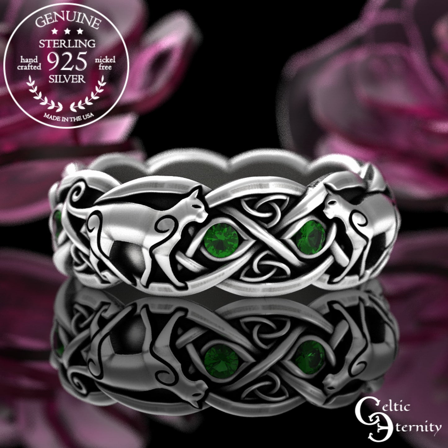 Woman's Sterling Silver & Alexandrite Celtic Cat Wedding Band, 3097