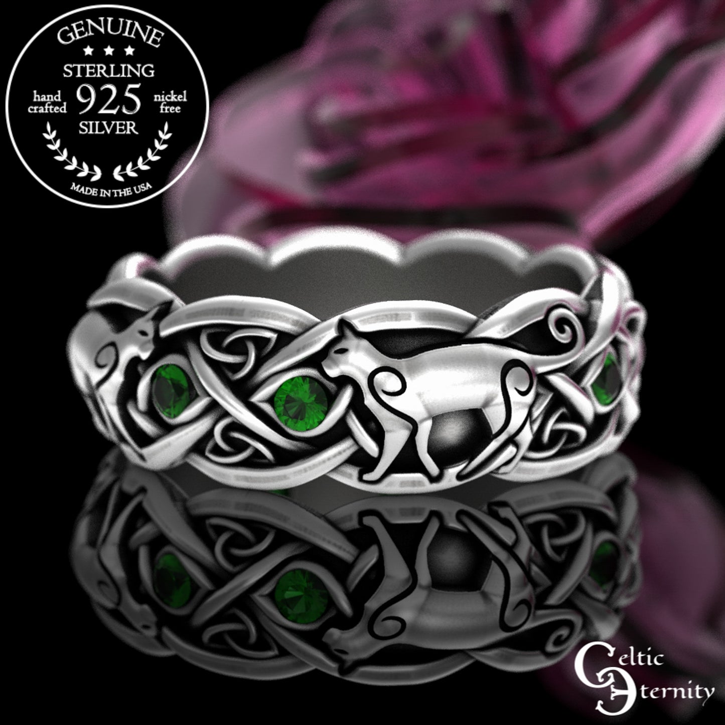 Woman's Sterling Silver & Alexandrite Celtic Cat Wedding Band, 3097