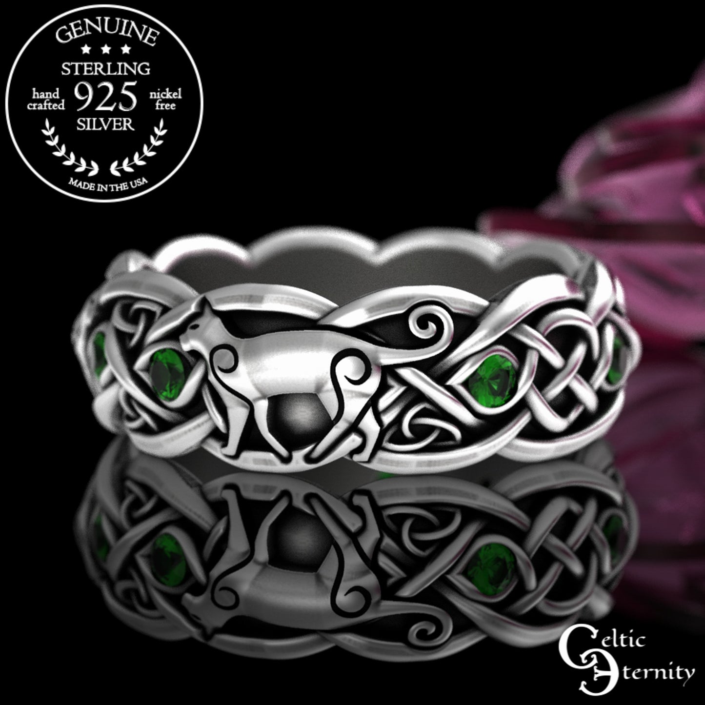 Woman's Sterling Silver & Alexandrite Celtic Cat Wedding Band, 3097