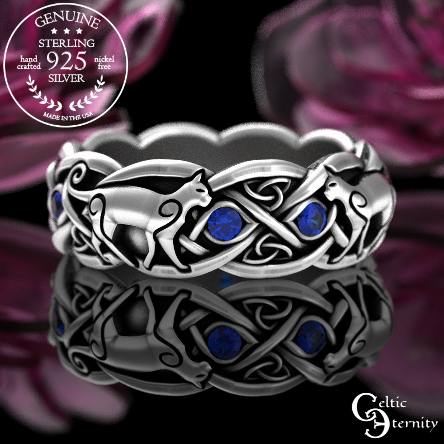 Woman's Sterling Silver & Alexandrite Celtic Cat Wedding Band, 3097