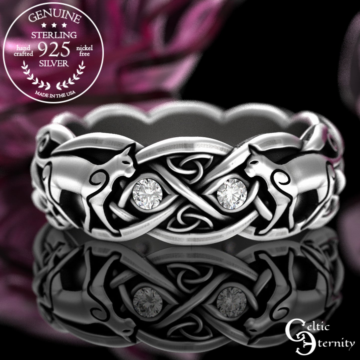 Woman's Sterling Silver & Alexandrite Celtic Cat Wedding Band, 3097