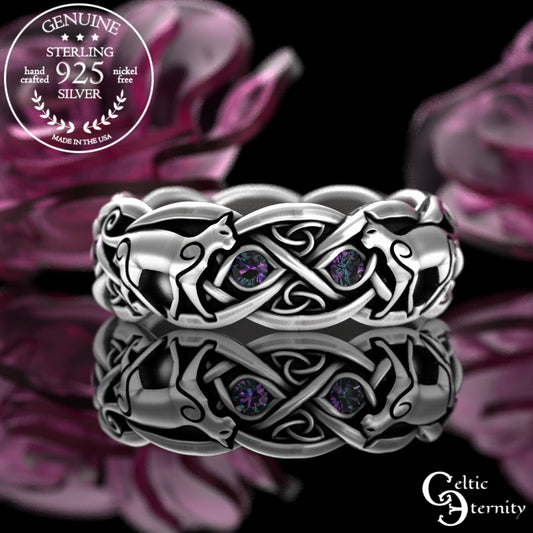 Woman's Sterling Silver & Alexandrite Celtic Cat Wedding Band, 3097