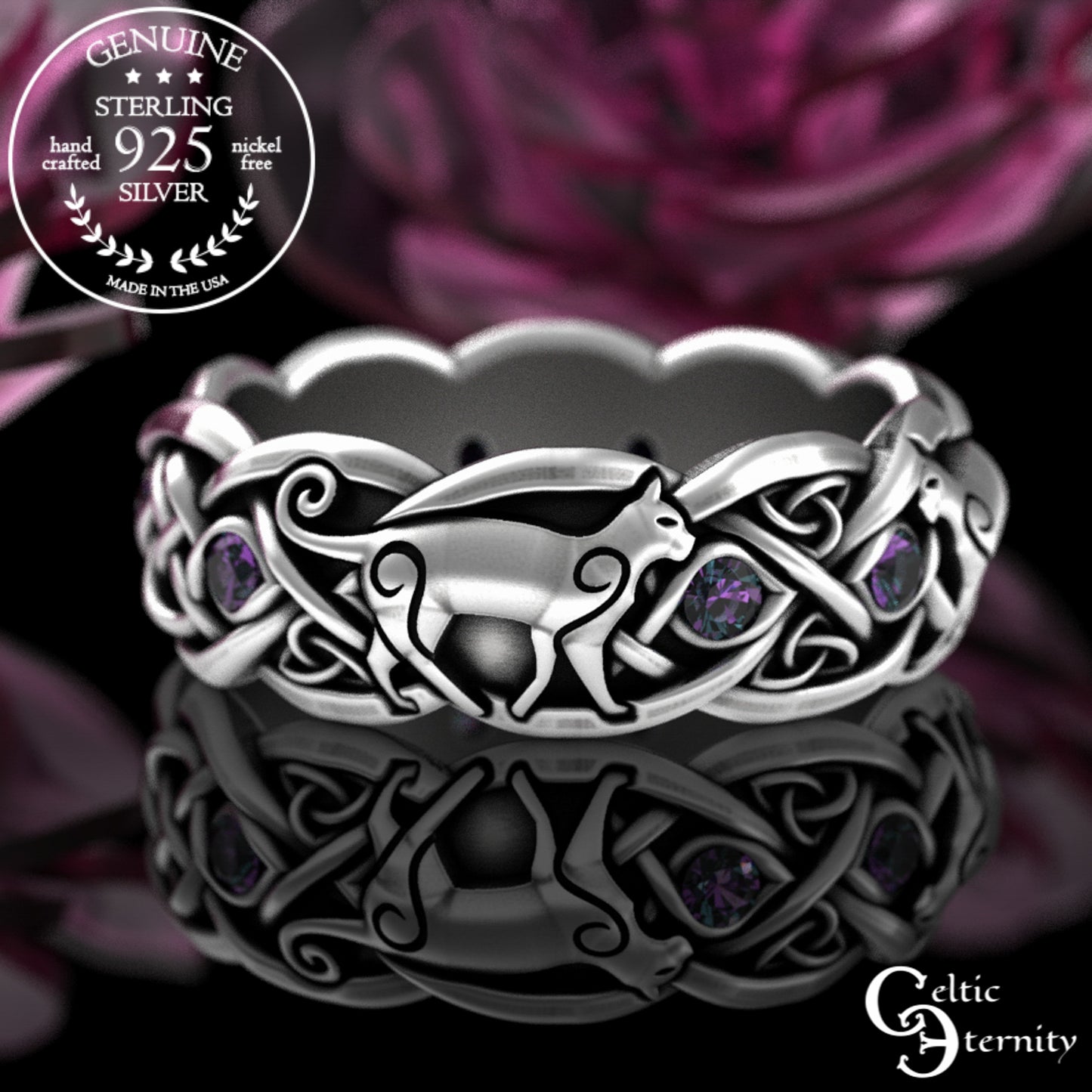 Woman's Sterling Silver & Alexandrite Celtic Cat Wedding Band, 3097
