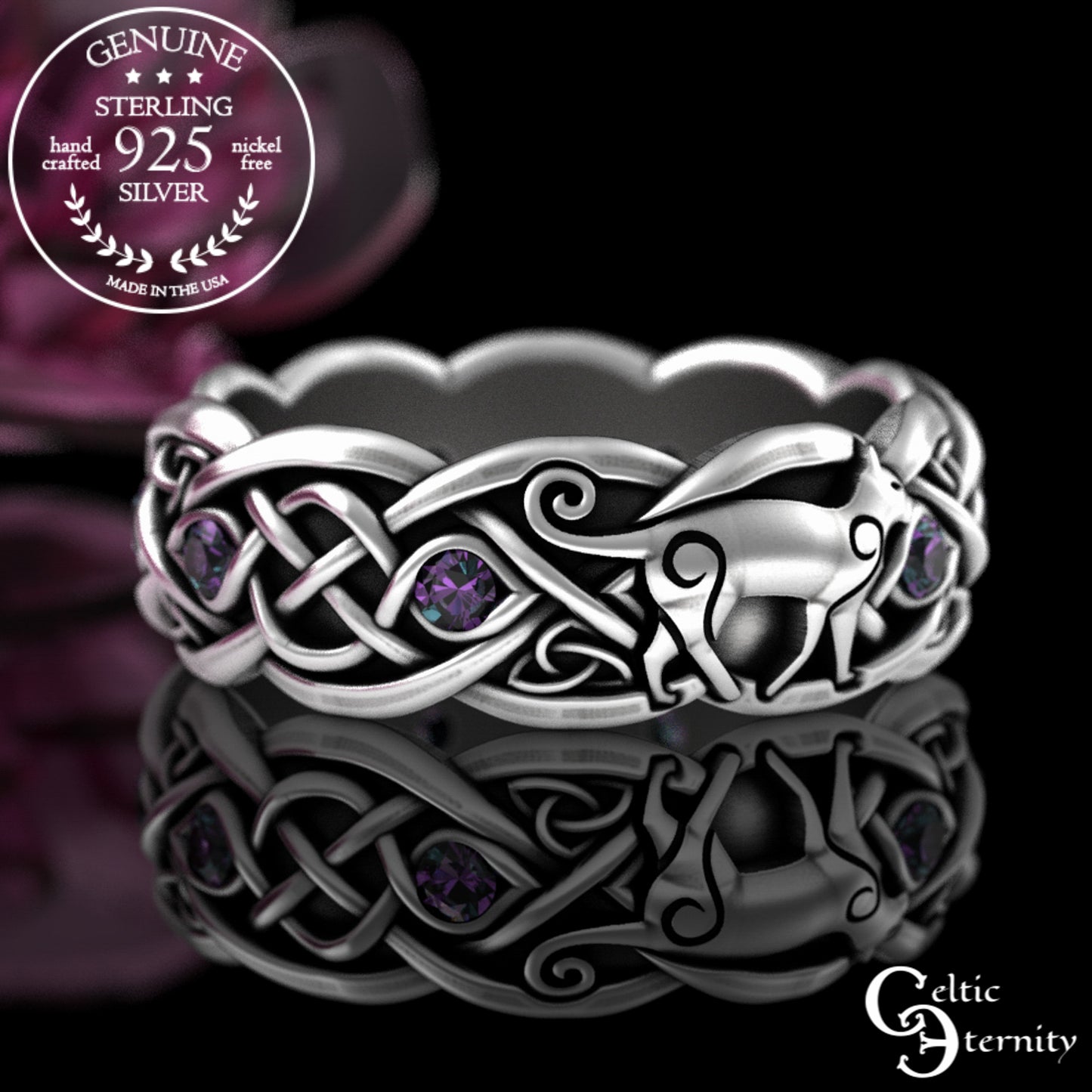 Woman's Sterling Silver & Alexandrite Celtic Cat Wedding Band, 3097