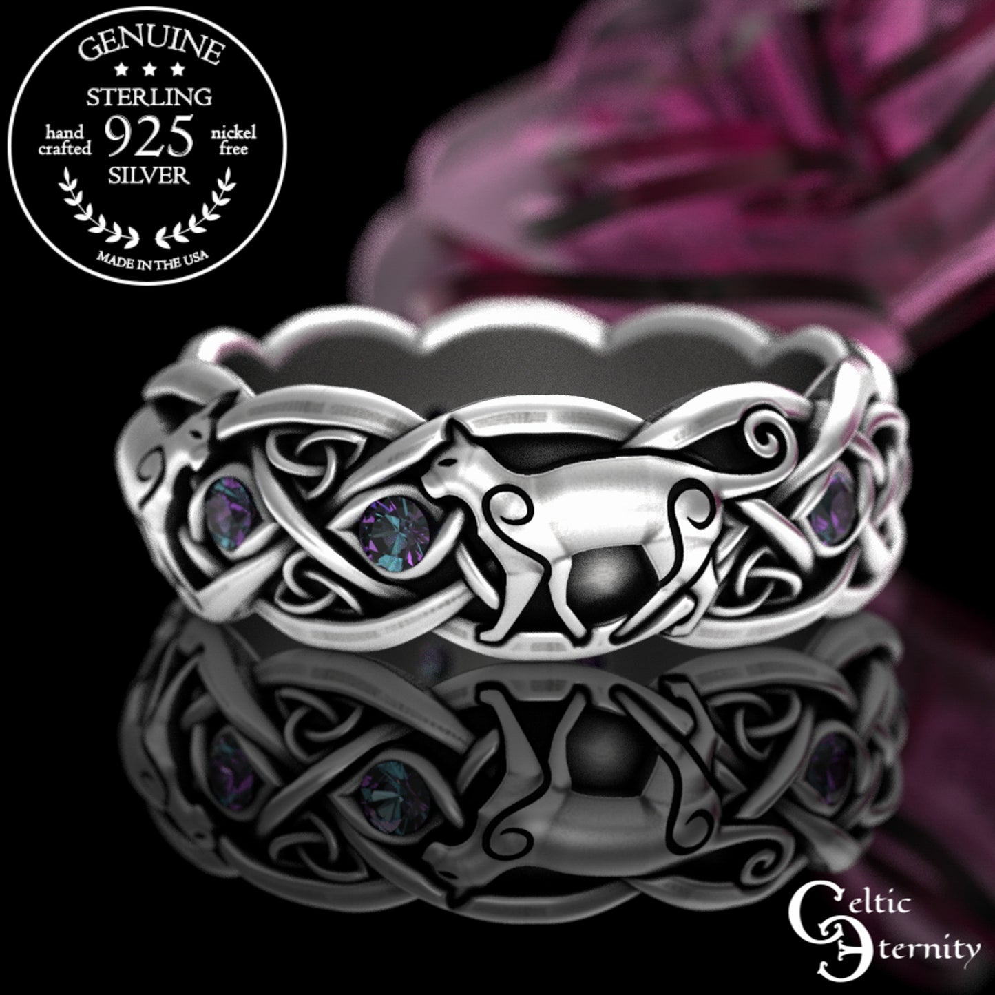 Woman's Sterling Silver & Alexandrite Celtic Cat Wedding Band, 3097