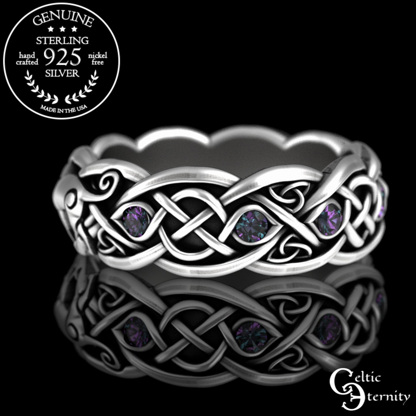 Woman's Sterling Silver & Alexandrite Celtic Cat Wedding Band, 3097