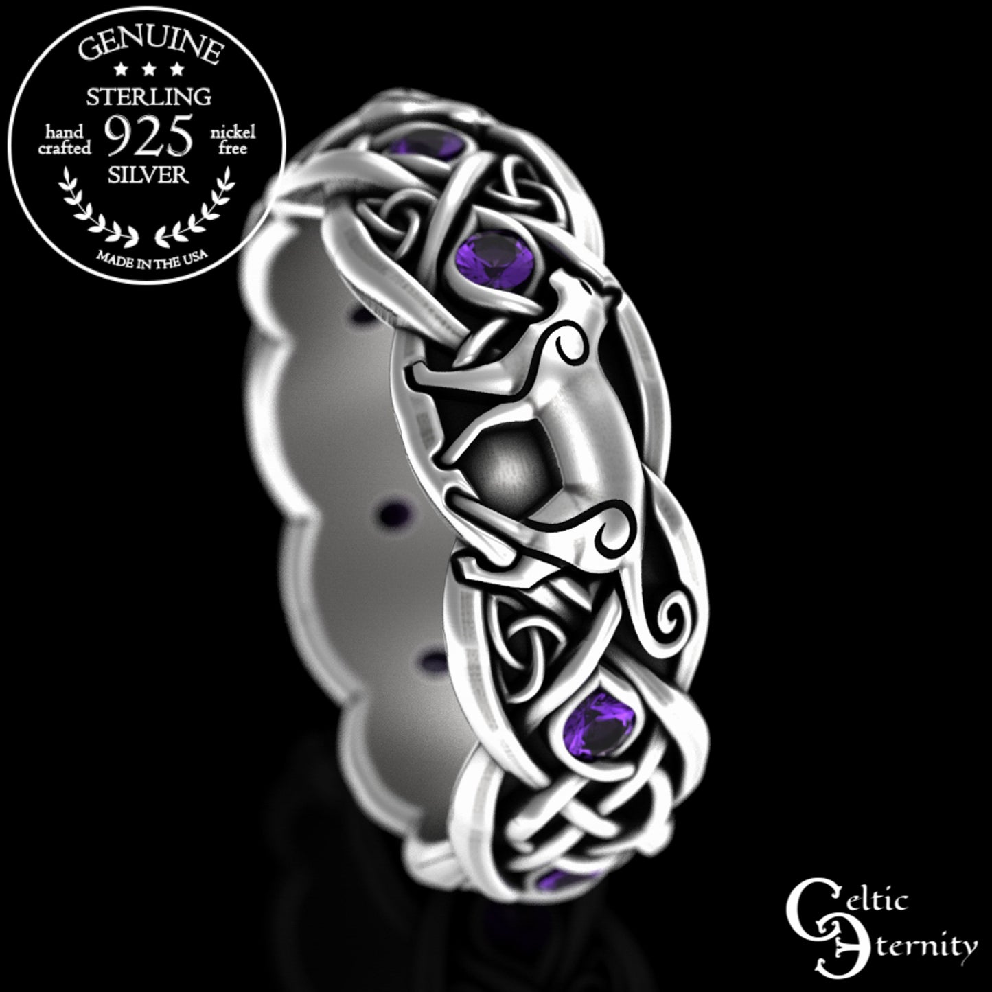 Woman's Sterling Silver & Alexandrite Celtic Cat Wedding Band, 3097
