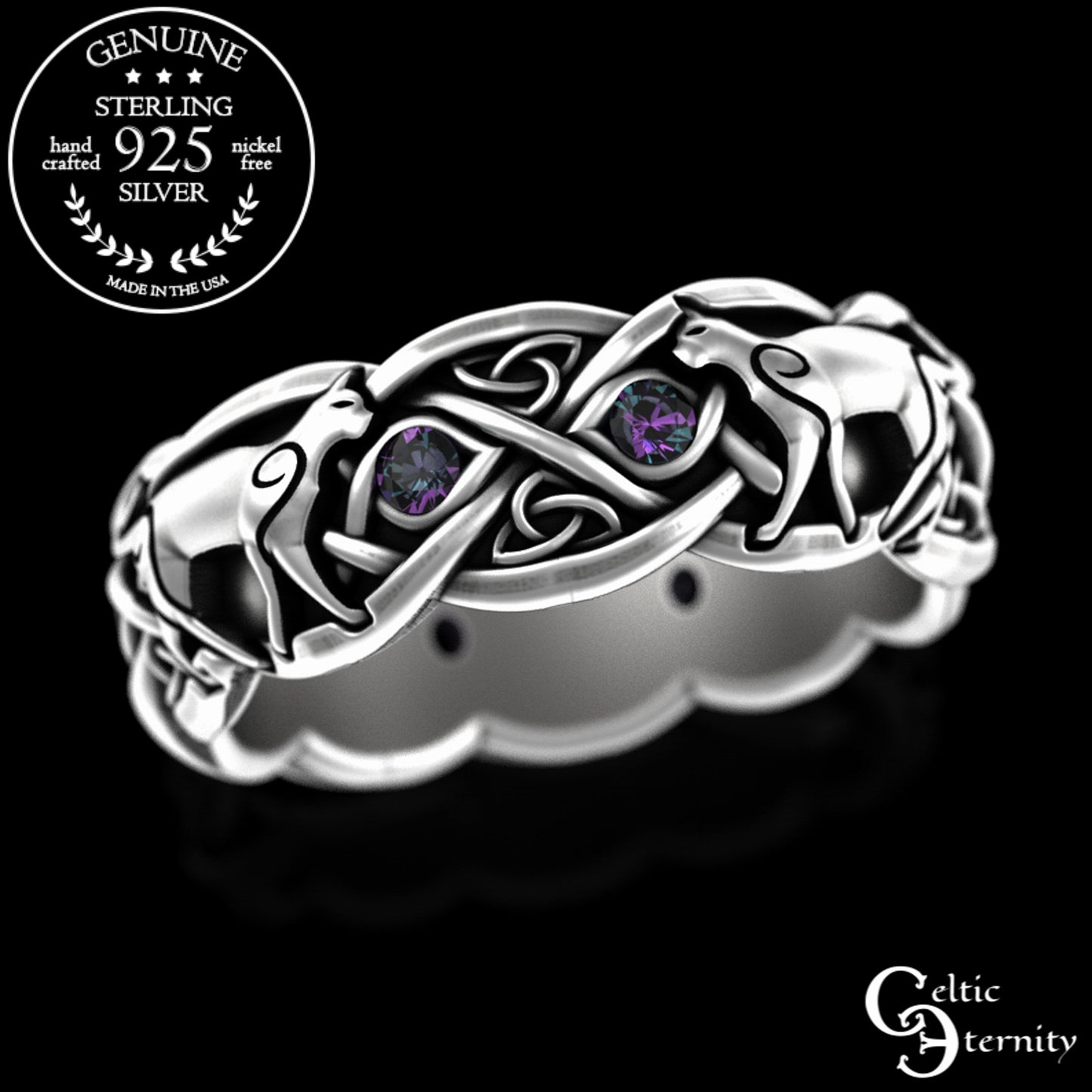 Woman's Sterling Silver & Alexandrite Celtic Cat Wedding Band, 3097