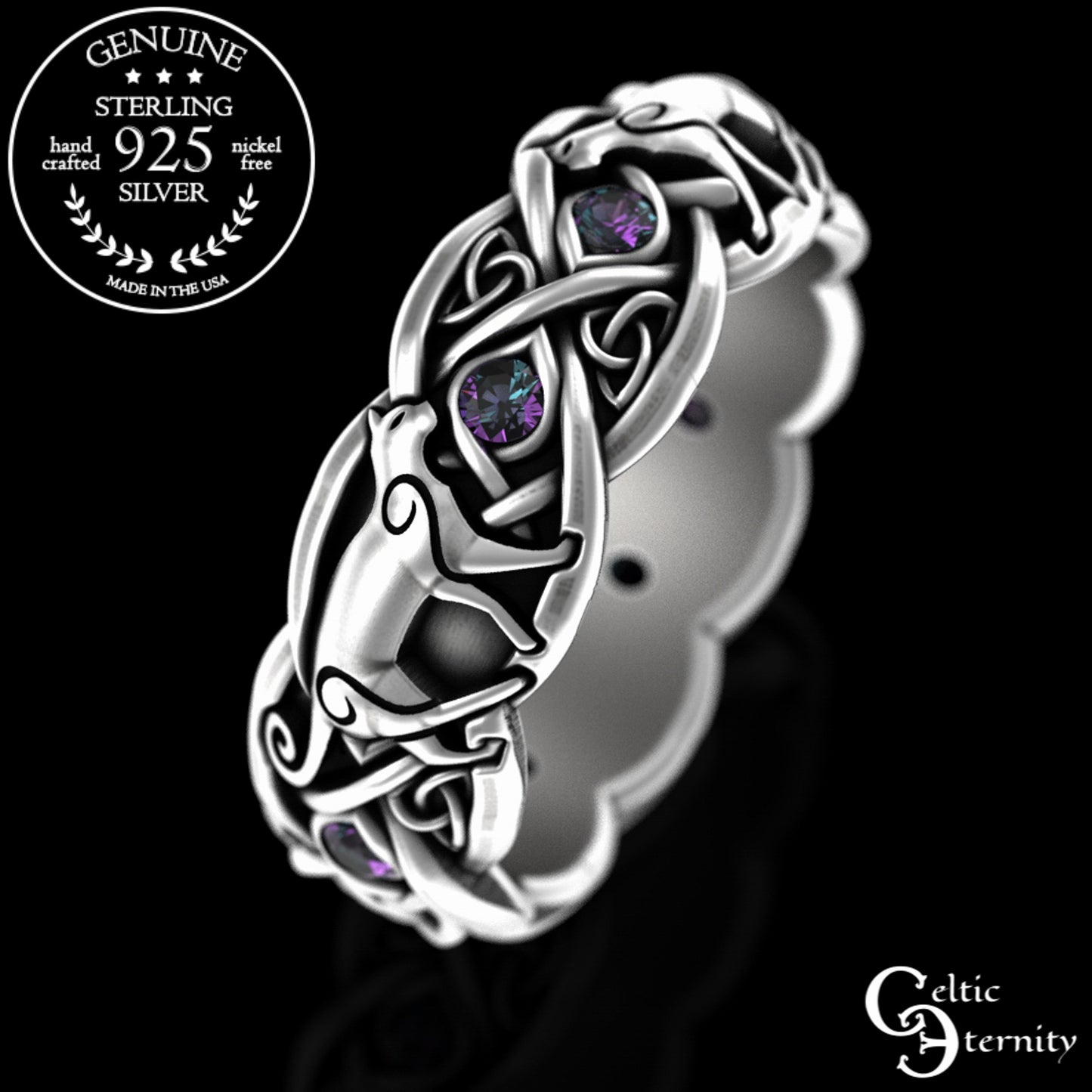 Woman's Sterling Silver & Alexandrite Celtic Cat Wedding Band, 3097