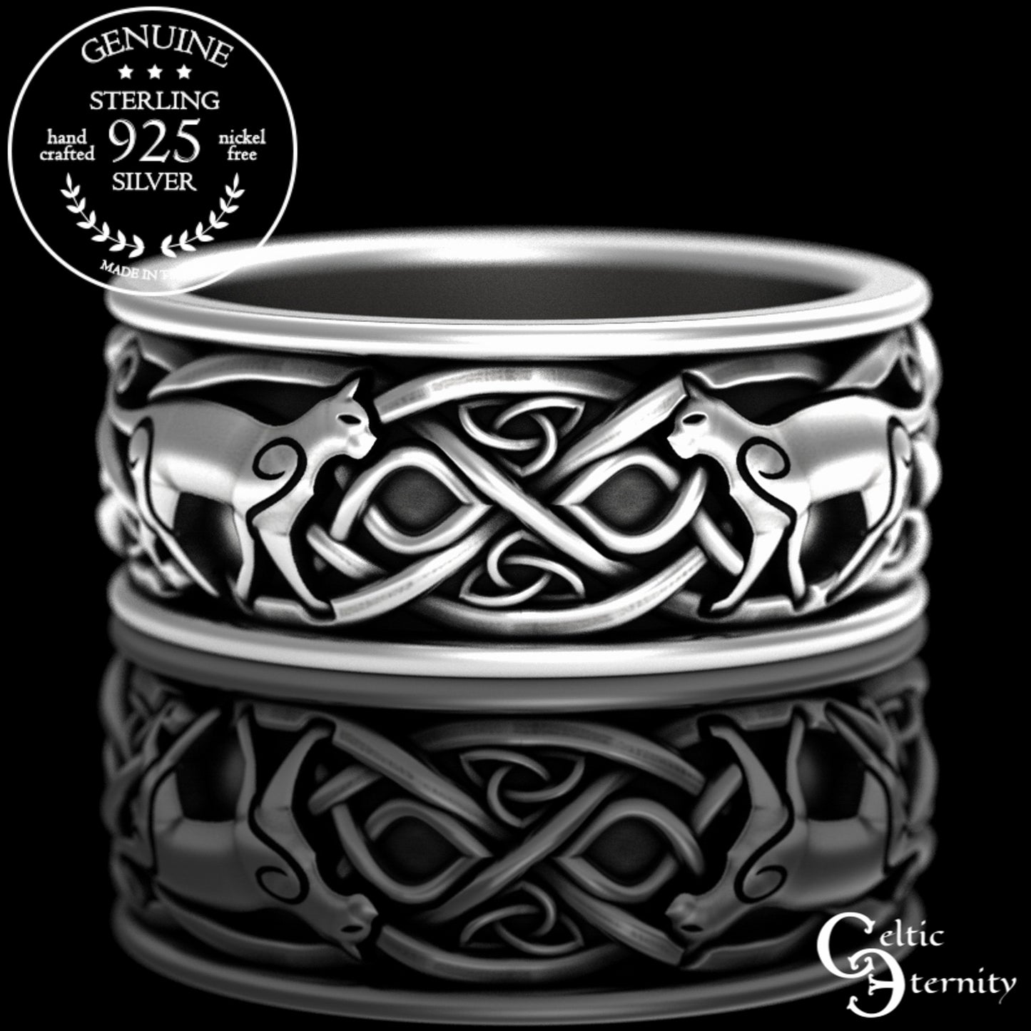 Sterling Silver Men's Irish Cats Wedding Band, 3098
