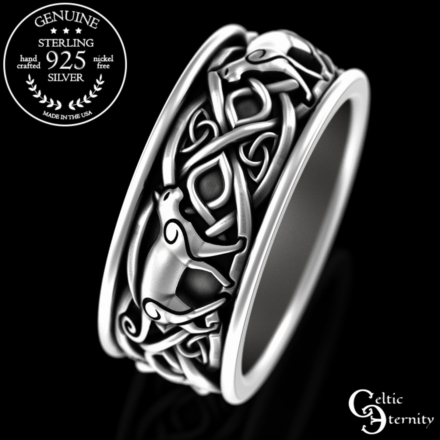 Sterling Silver Men's Irish Cats Wedding Band, 3098