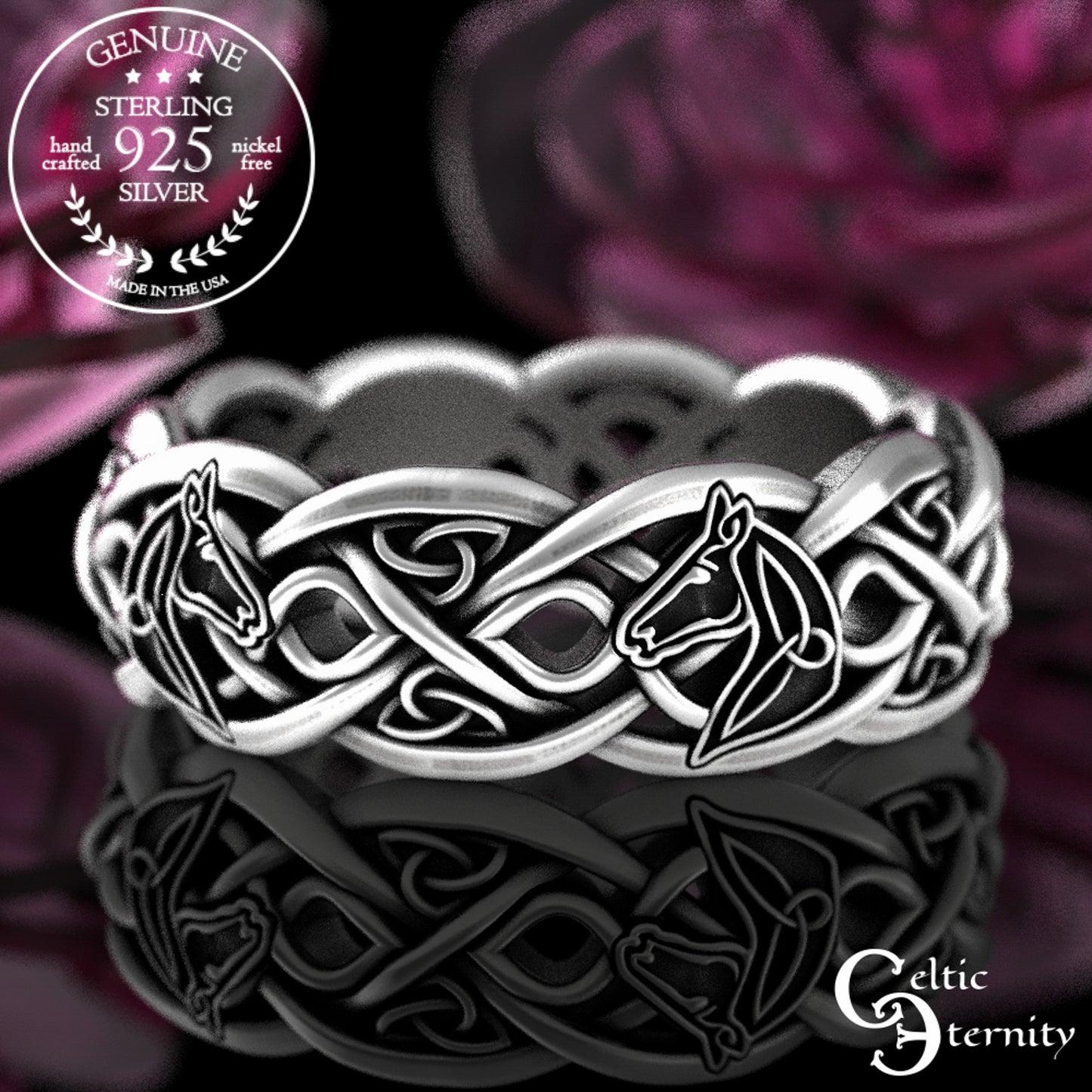 Sterling Silver Woman's Horse Wedding Band - Celtic Infinity Knotwork, 3104