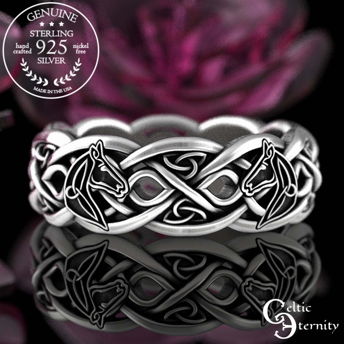Sterling Silver Woman's Horse Wedding Band - Celtic Infinity Knotwork, 3104