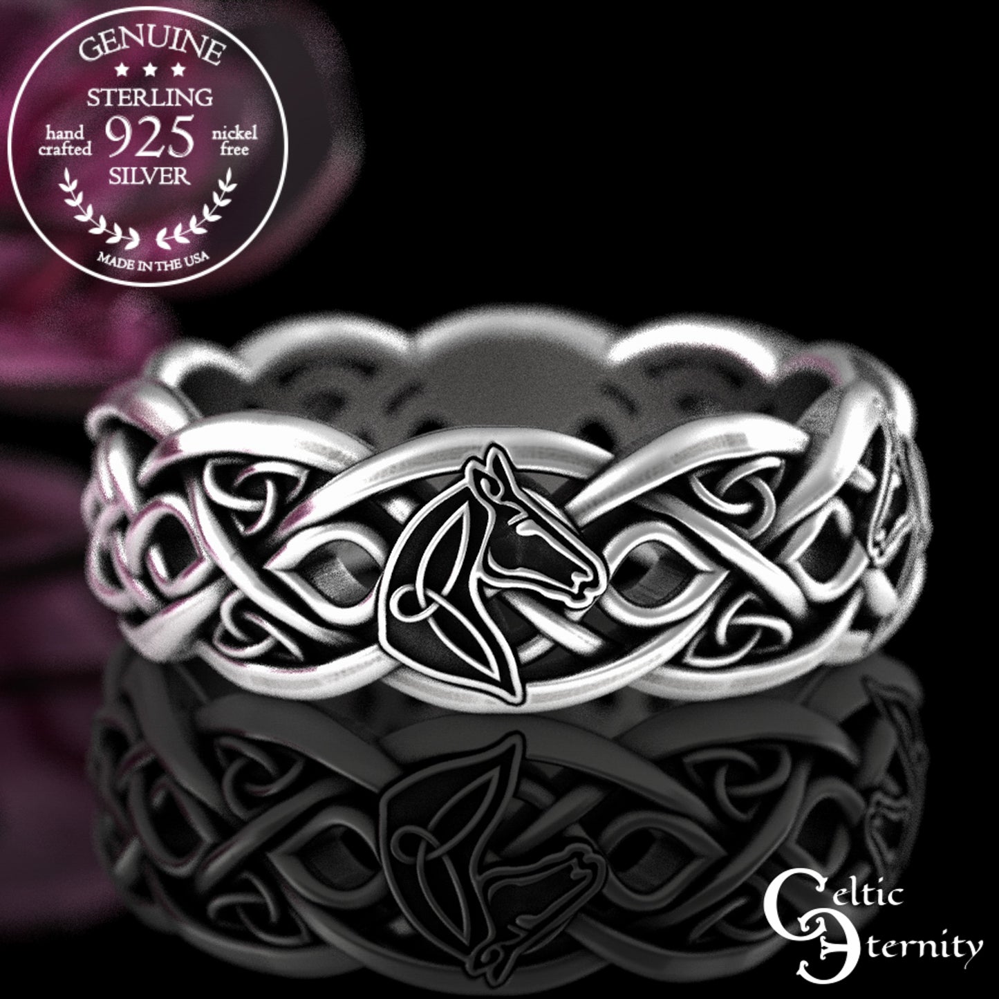 Sterling Silver Woman's Horse Wedding Band - Celtic Infinity Knotwork, 3104