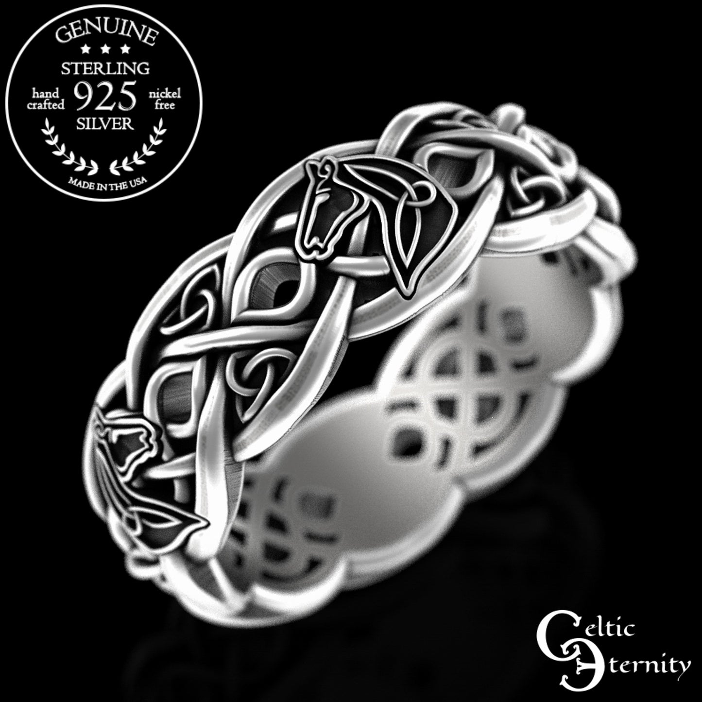 Sterling Silver Woman's Horse Wedding Band - Celtic Infinity Knotwork, 3104