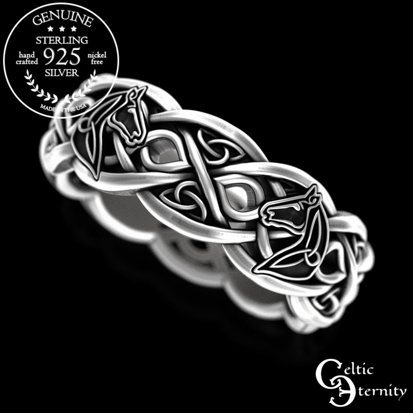 Sterling Silver Woman's Horse Wedding Band - Celtic Infinity Knotwork, 3104