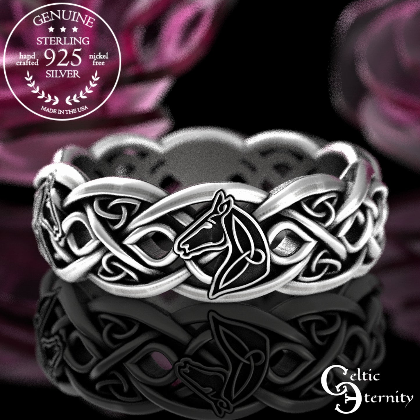Sterling Silver Woman's Horse Wedding Band - Celtic Infinity Knotwork, 3104