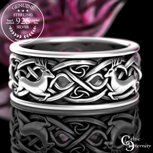 Men's Sterling Silver Celtic Deer Wedding Band, 3126