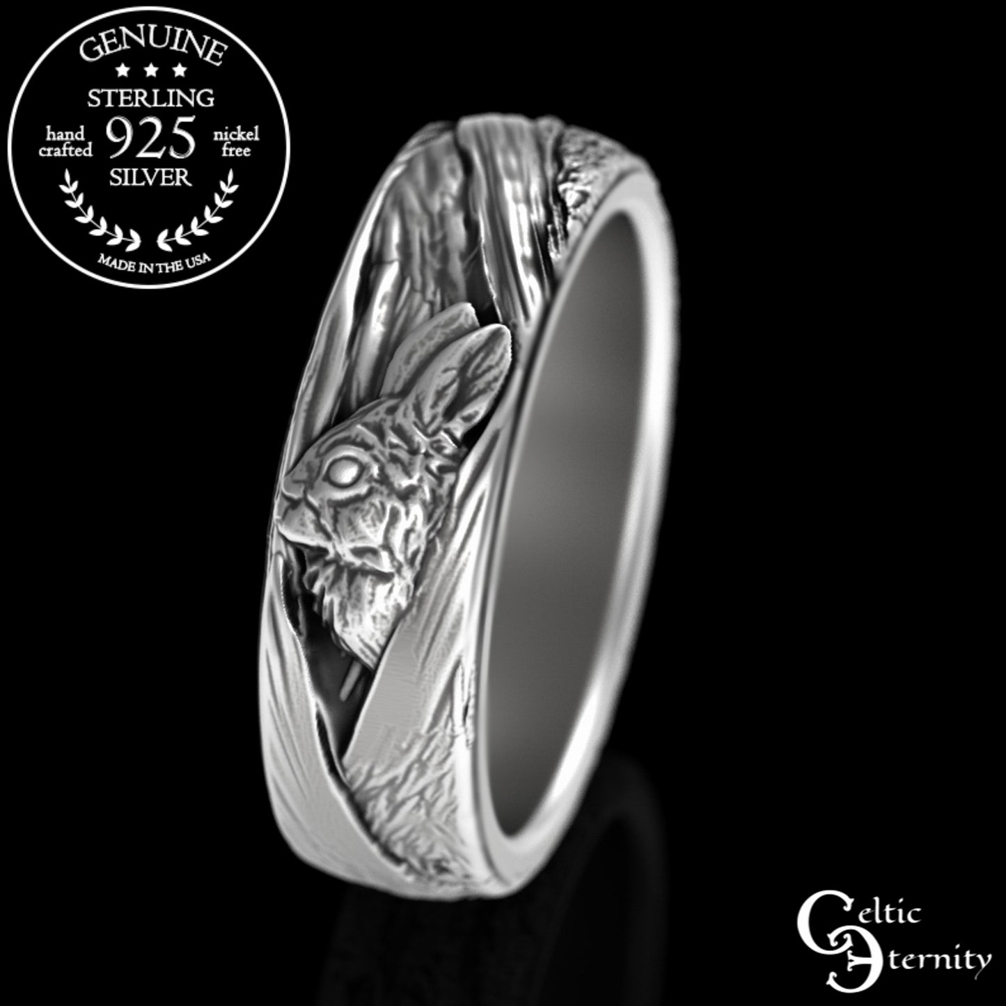 Sterling Silver Woman's Rabbit & Tree Bark Wedding Band, 3179