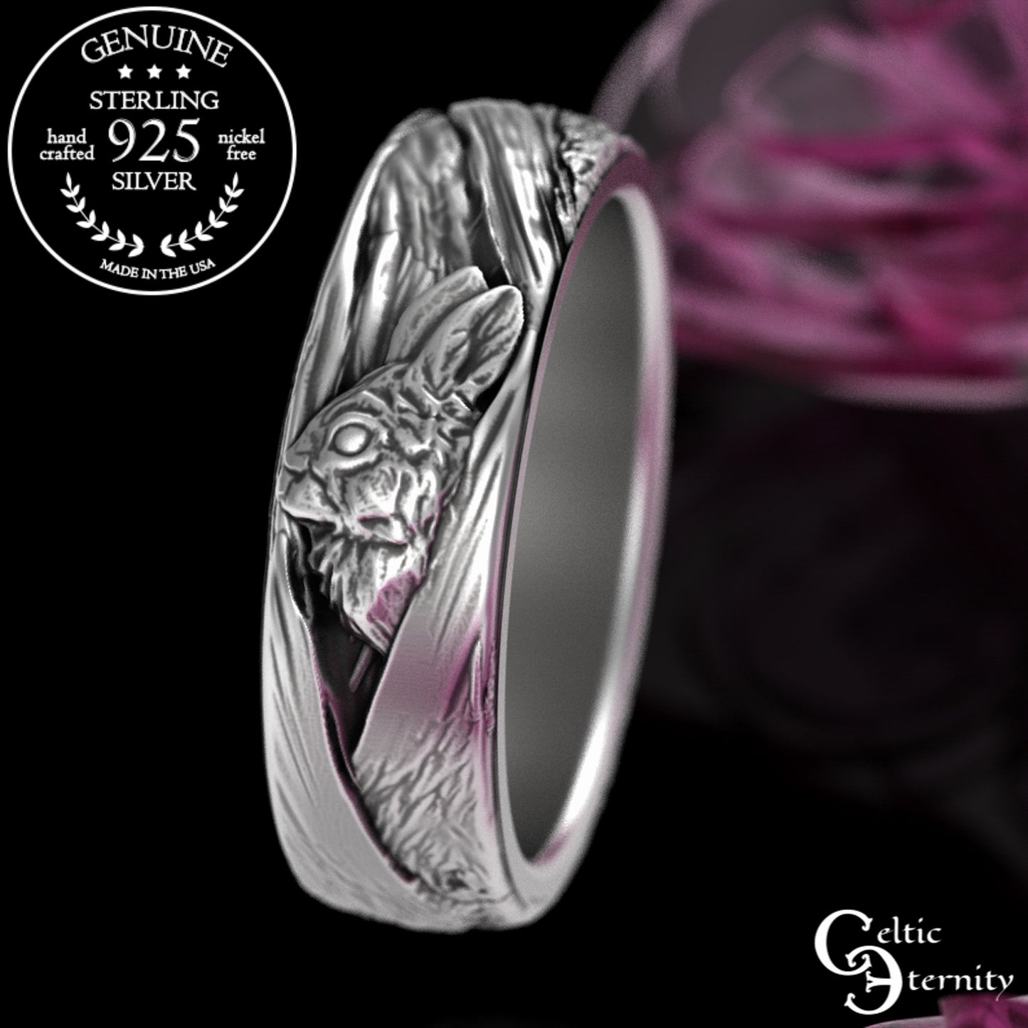 Sterling Silver Woman's Rabbit & Tree Bark Wedding Band, 3179