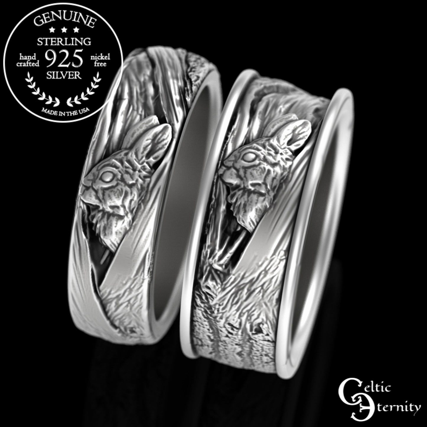 Sterling Silver His Hers Irish Rabbits Wedding Band Set, 3179 1796
