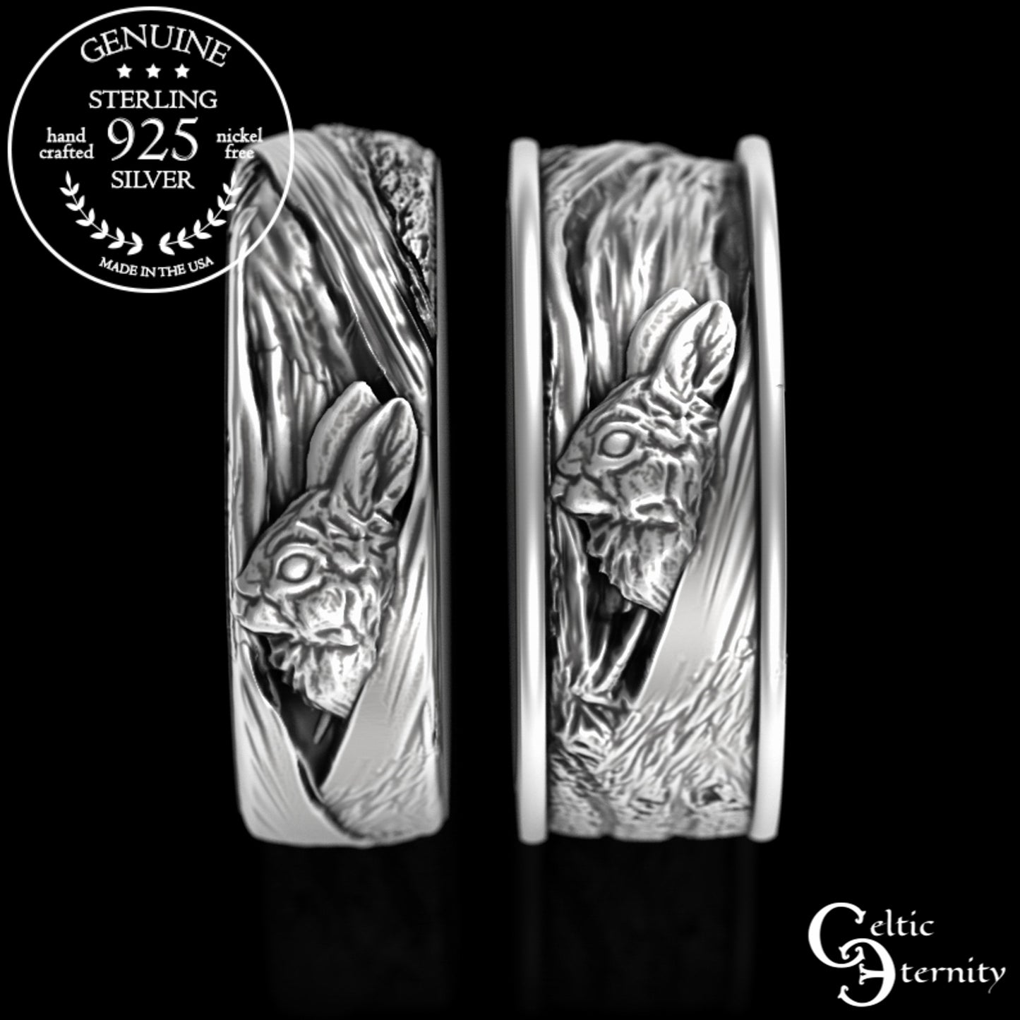 Sterling Silver His Hers Irish Rabbits Wedding Band Set, 3179 1796