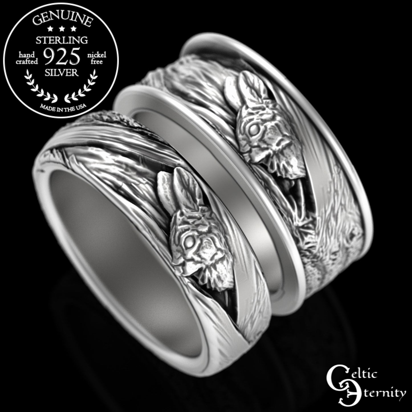 Sterling Silver His Hers Irish Rabbits Wedding Band Set, 3179 1796