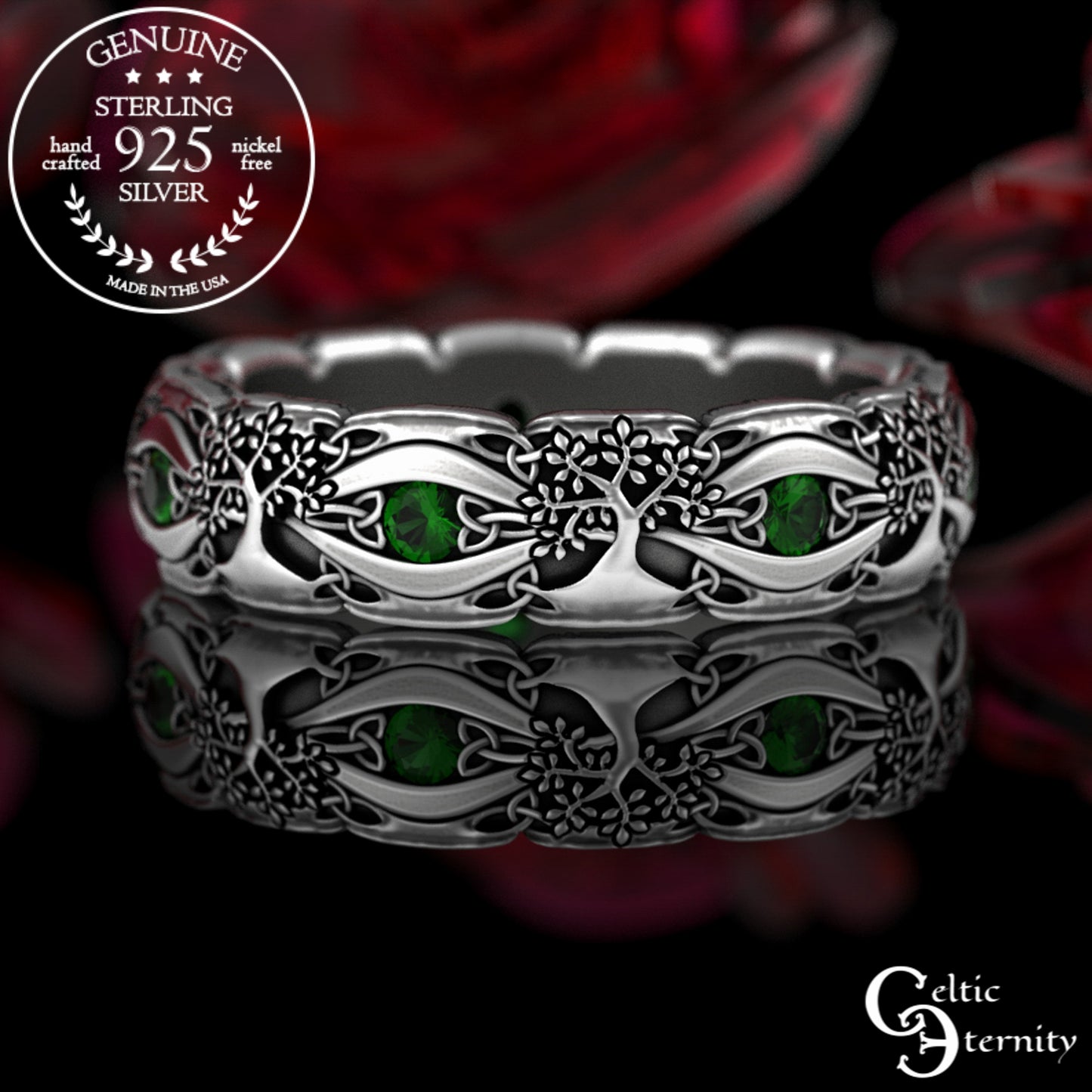 Sterling Woman's Celtic Tree of Life Wedding Band - Emeralds, 3191