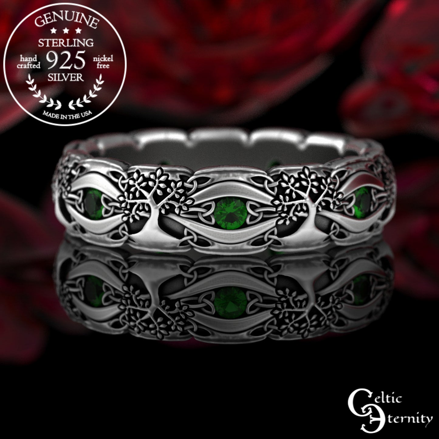 Sterling Woman's Celtic Tree of Life Wedding Band - Emeralds, 3191