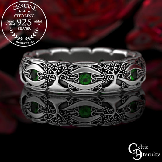 Sterling Woman's Celtic Tree of Life Wedding Band - Emeralds, 3191