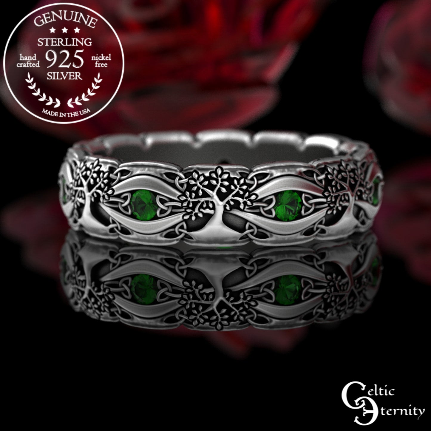 Sterling Woman's Celtic Tree of Life Wedding Band - Emeralds, 3191
