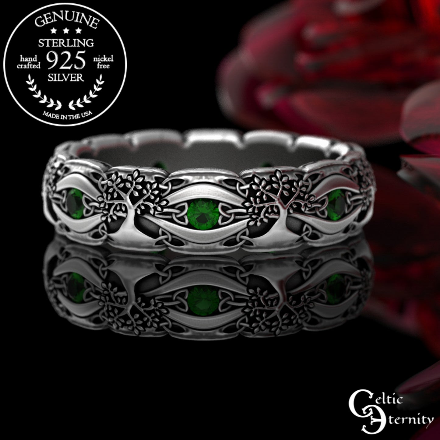 Sterling Woman's Celtic Tree of Life Wedding Band - Emeralds, 3191