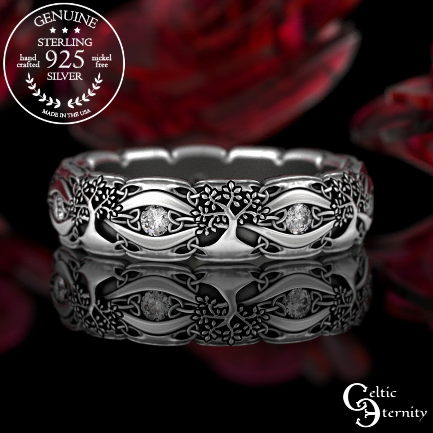 Sterling Woman's Celtic Tree of Life Wedding Band - Emeralds, 3191