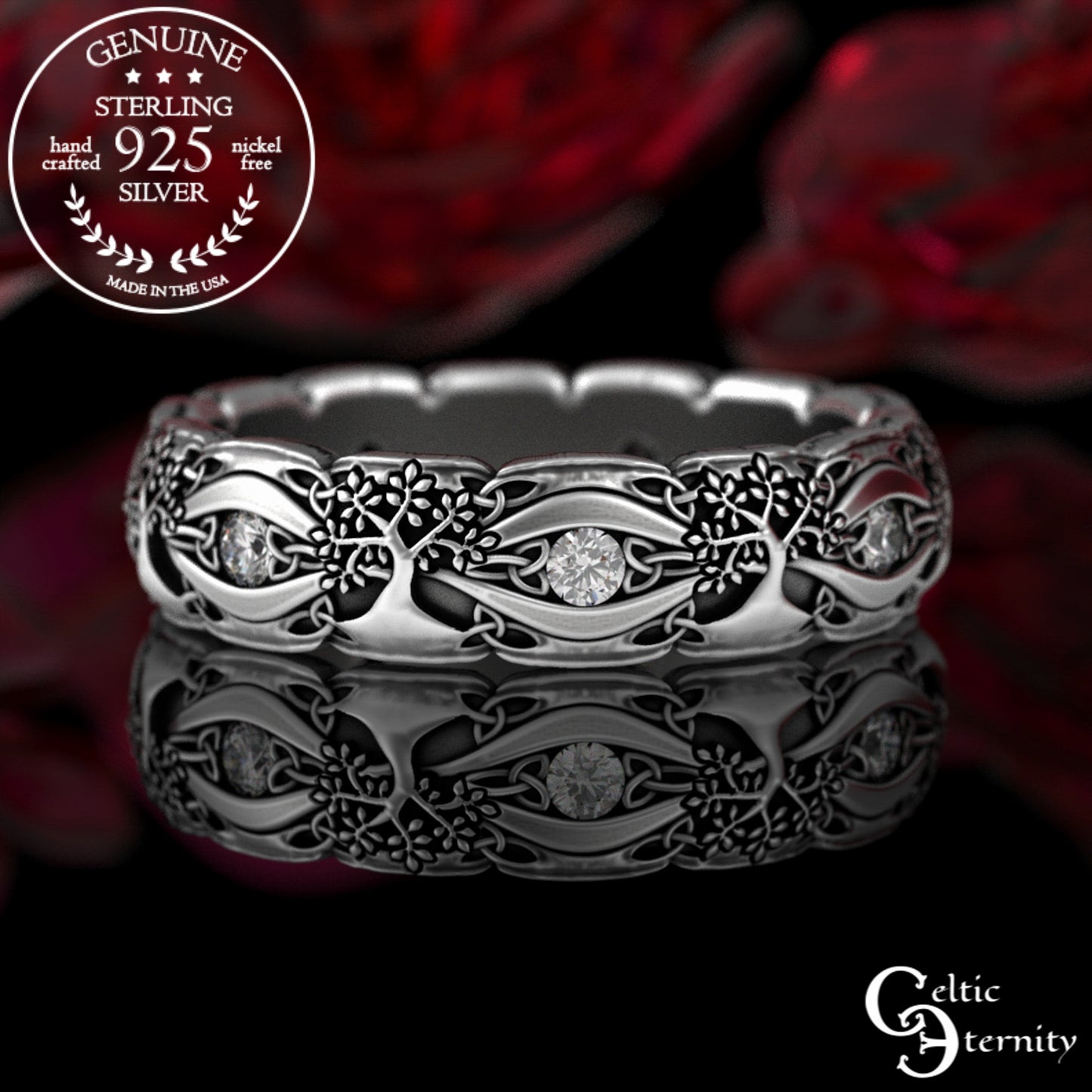 Sterling Woman's Celtic Tree of Life Wedding Band - Emeralds, 3191