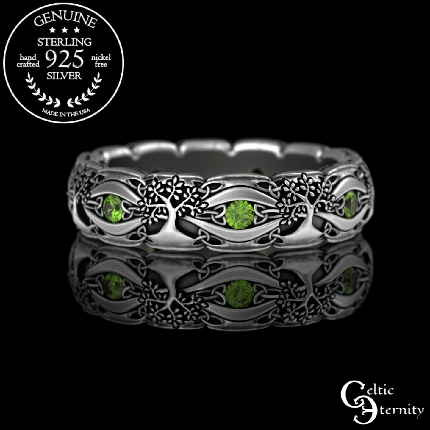 Sterling Woman's Celtic Tree of Life Wedding Band - Emeralds, 3191