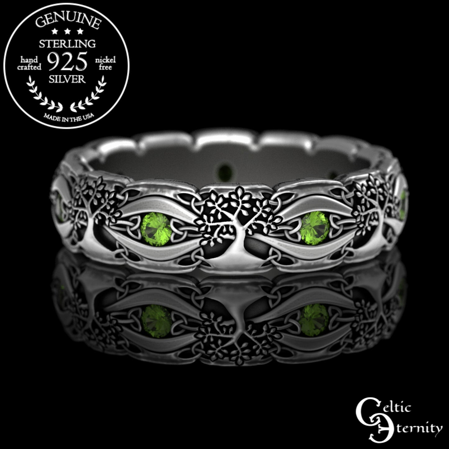 Sterling Woman's Celtic Tree of Life Wedding Band - Emeralds, 3191