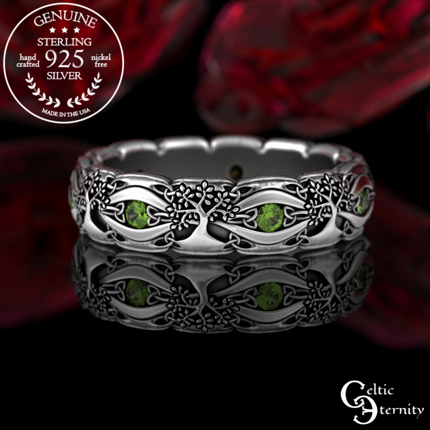 Sterling Woman's Celtic Tree of Life Wedding Band - Emeralds, 3191