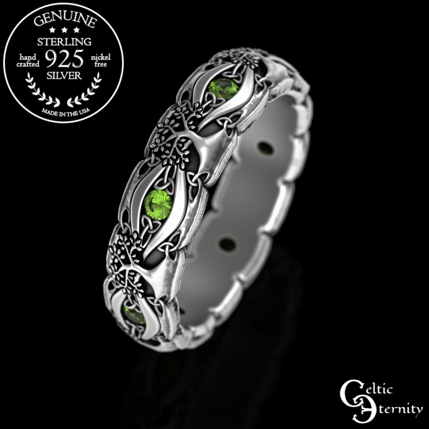 Sterling Woman's Celtic Tree of Life Wedding Band - Emeralds, 3191