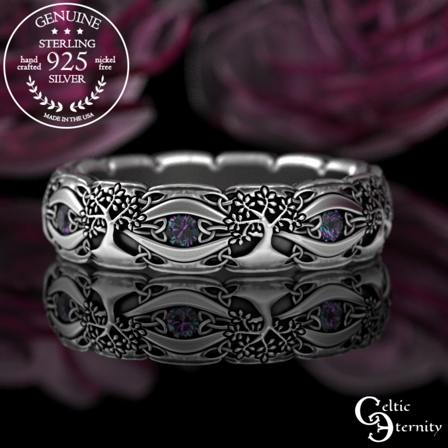 Sterling Woman's Celtic Tree of Life Wedding Band - Emeralds, 3191
