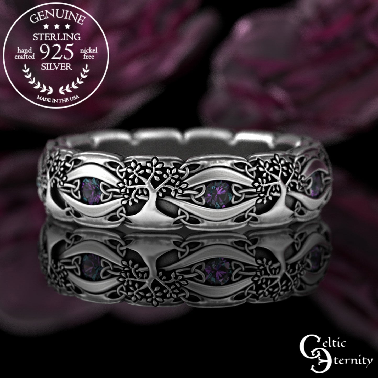 Sterling Woman's Celtic Tree of Life Wedding Band - Emeralds, 3191
