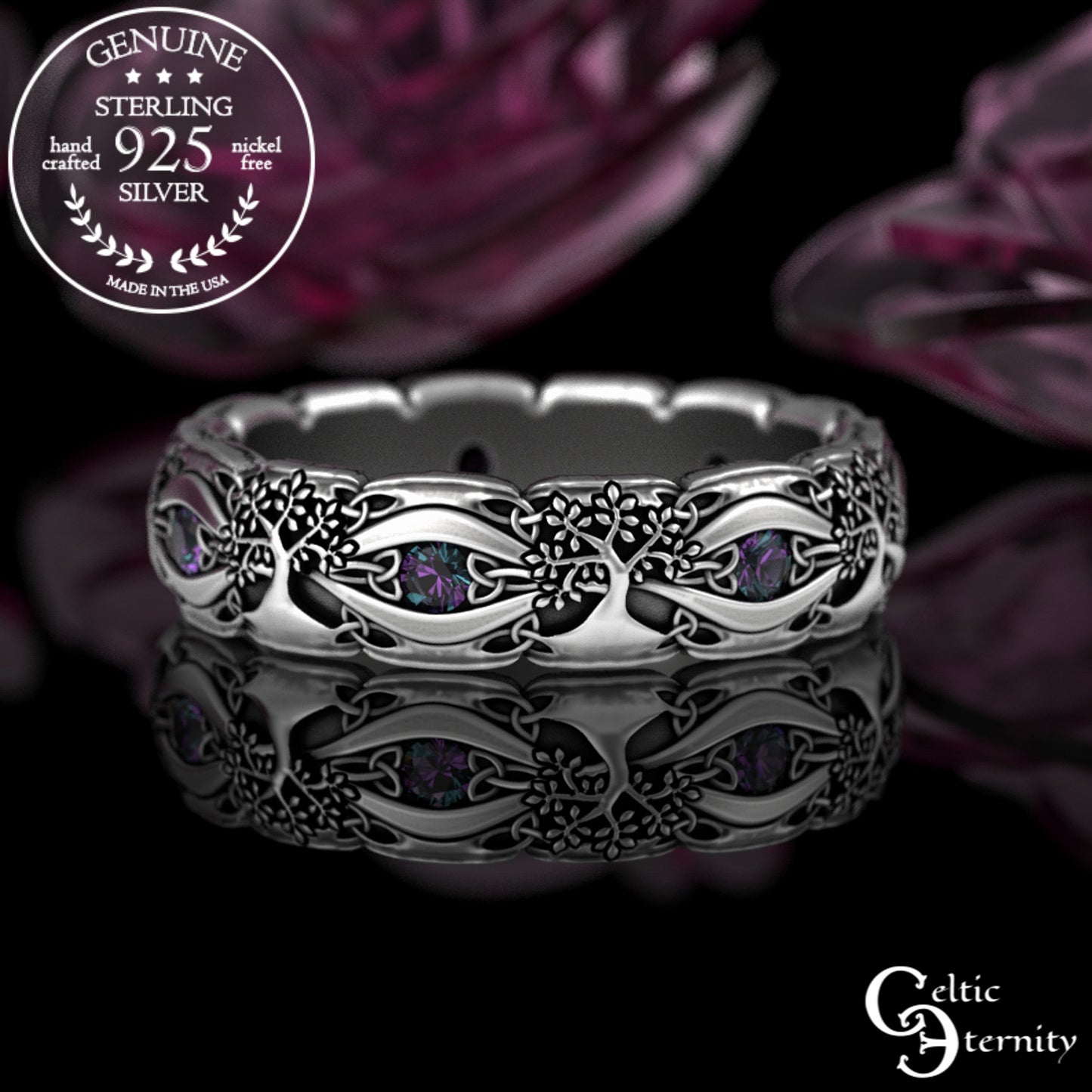 Sterling Woman's Celtic Tree of Life Wedding Band - Emeralds, 3191