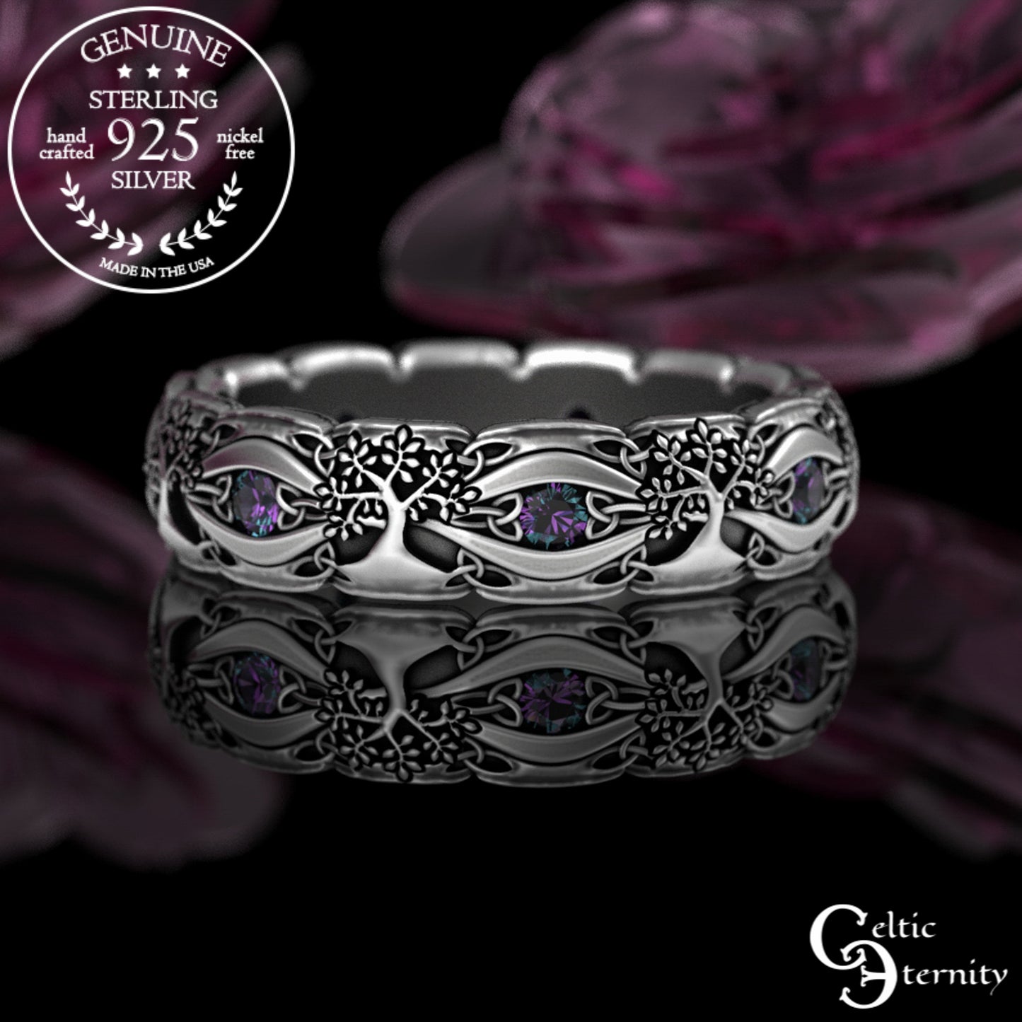 Sterling Woman's Celtic Tree of Life Wedding Band - Emeralds, 3191