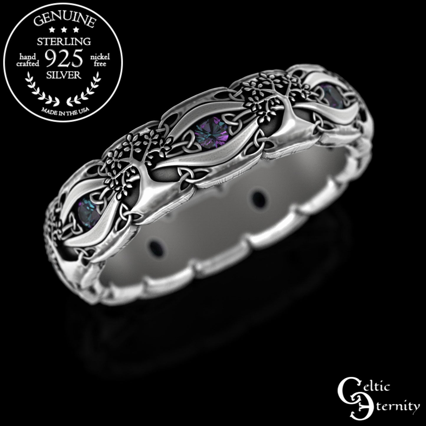 Sterling Woman's Celtic Tree of Life Wedding Band - Emeralds, 3191
