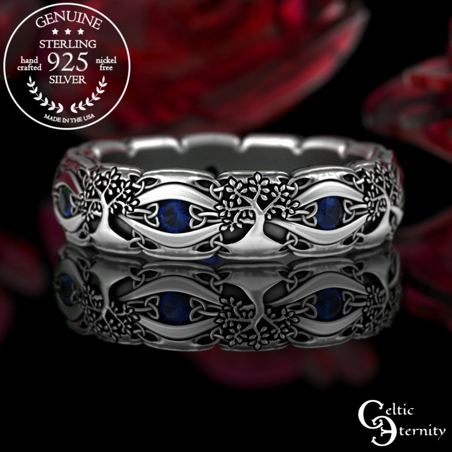 Sterling Woman's Celtic Tree of Life Wedding Band - Emeralds, 3191
